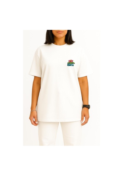 Bahriyeli Collection Oversize Venusaur Cep Baskılı Unisex T-shirt Beyaz