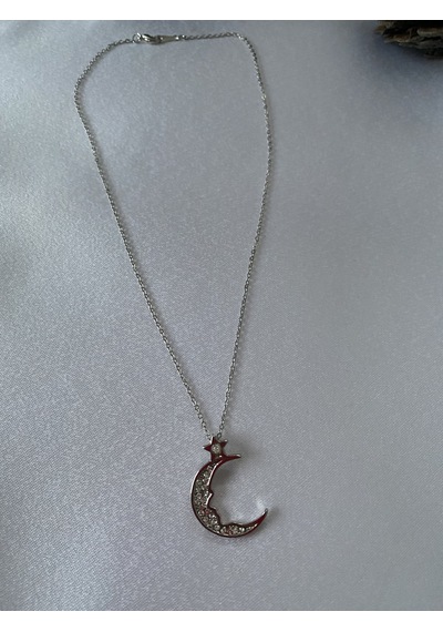 Ay Figürlü Mini Yıldız Detaylı Kolye Gümüş Renk Mor