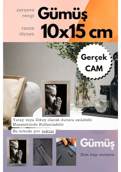 Fırçalı Gümüş-20mm Çerçeve Camlı 10x15 Cm Fotoğraf Resim Çerçevesi Ayaklı Veya Duvara Asma Yatay-dikey