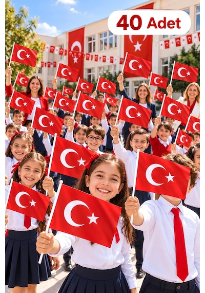 40 Adet Büyük Boy Çıtalı Türk Bayrağı Ay Yıldız Baskılı Sopalı Bayrak 20x30 Cm Tüm Yaşlar