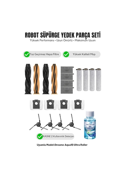 Dreame Aqua10 Ultra Roller İle Uyumlu 2 Ana Fırça 4 Yan Fırça 4 Filtre 4 Mop 1 Deterjan 4 Toz Torbası 8.0