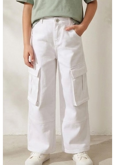 Escabel Kız Çocuk Gabardin Pantolon Kargo Cep Detaylı 5-9 Yaş, Beyaz