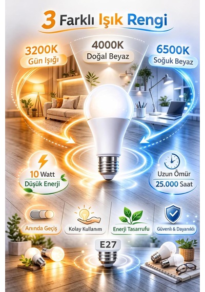 3 Renk Modlu 10w Led Ampul, E27 Duy, 3200k-4000k-6500k Diğer