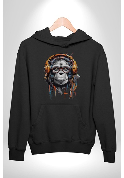 Kulaklık Maymun Müzik Dinliyor Kadın Erkek Siyah Kapüşonlu Sweatshirt Hoodie Siyah Kulaklık Maymun Müzik Dinliyor Kadın Erkek Siyah Kapüşonlu Sweatshirt Hoodie Siyah