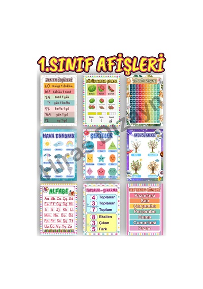 1. Sınıf Ders Afişi Seti Sınıf Afişleri 10 Parça 30x42cm A3- Yeni Müfredat İlkokul Okul Öncesi Eğitici Sınıf Panosu Süsleme Seti 300gr Kalın Kuşe Kağıt Duvar Afişleri Eğitim Materyalleri