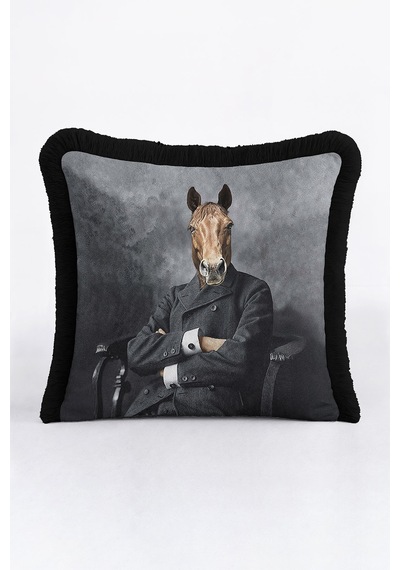 Avangart Portre Lüx Saçaklı Yastık Kılıfı-elegan Hayvan Figürü Gri Modern Püsküllü Kırlent Kılıfı Çok Renkli