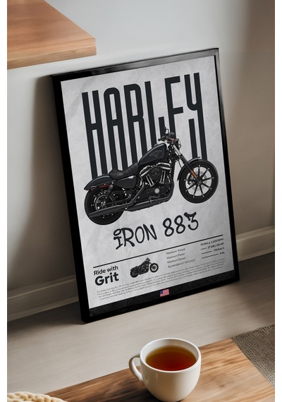 Harley David Iron 883 Siyah Ahşap Çerçeveli Poster, Dekoratif Motosiklet Duvar Tablosu