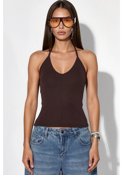Hiccup Busem Slim Fit Halter Yaka Jarse Bluz Siyah