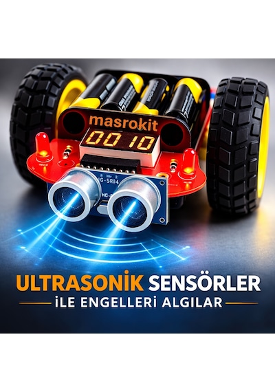 Masrokit U2l-7716 Ultrasonik Sensörlü Engelden Kaçan Robot Eğitim Kiti Sarı Motorlu