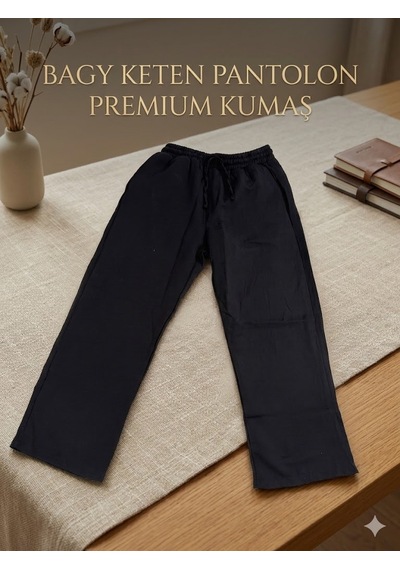 Mugees Premium Keten Bol Kesim Pantolon Siyah