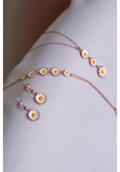 Papatya Silver 925 Ayar Gümüş Rose Kaplama Mineli Papatya Küpe Kolye Bileklik Set
