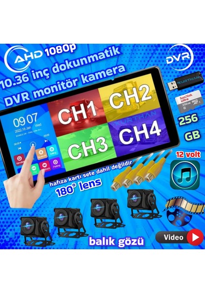 4 Adet Ahd 180 Derece Kamera Dvr Video Müzik Dokunmatik Monitör 12 V