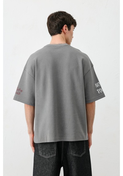 Vamos Oversize Baskılı Tişört V70-167 Füme