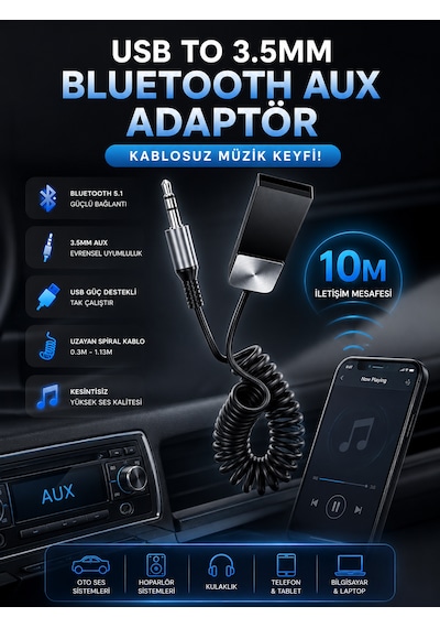 5.1 Aux Araç Kiti Bluetooth Çevirici Adaptör 3.5mm Jack Tak Çalıştır Kablosuz Müzik Alıcı 10m