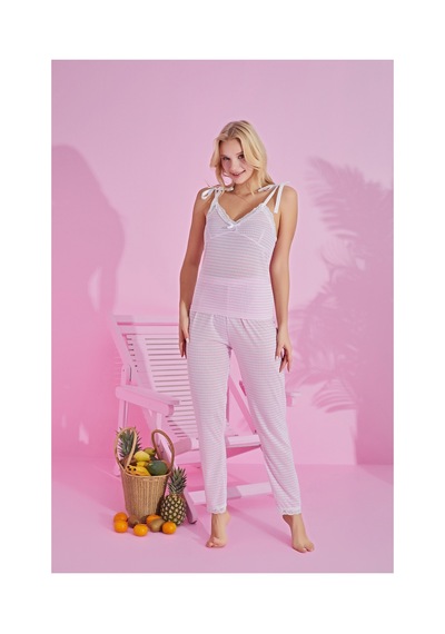 Rindahomewear Kadın Fitilli Askılı Pijama Takımı Pembe