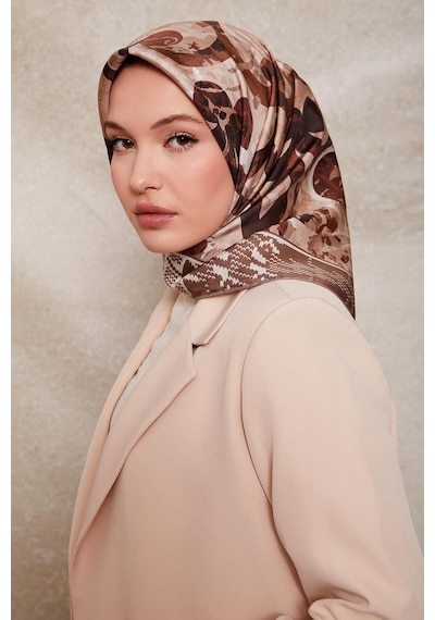 Levidor Desenli Twill İpek Eşarp-0918 Sütlü Kahve