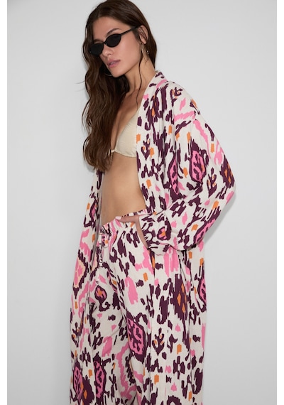 Grımelange Narvena Kadın Keten Karışımlı Baskı Detaylı Rahat Kalıp Pembe Baskılı Kimono