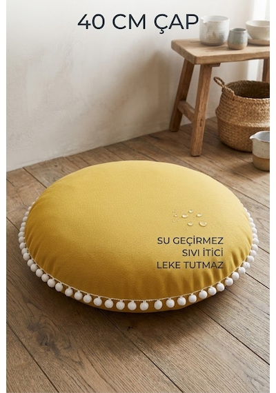 Yuvarlak Minder 40 Cm Ponponlu Su Geçirmez Leke Tutmaz Sıvı İtici Ev Bahçe Piknik Oturma Minderi Çok Renkli