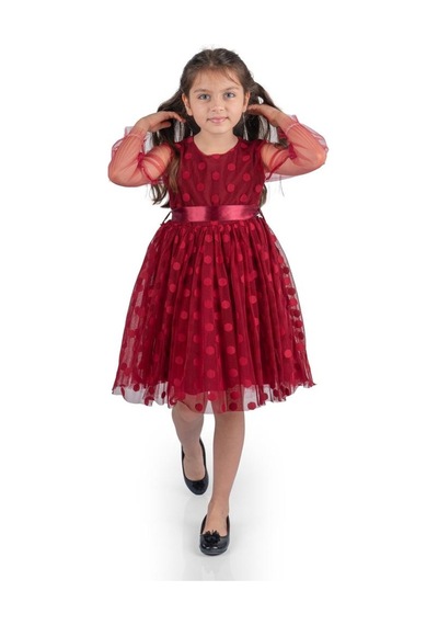 Prenses İri Puanlı Tokalı Dantel Kumaş Kız Çocuk Elbise Mnk0547 001