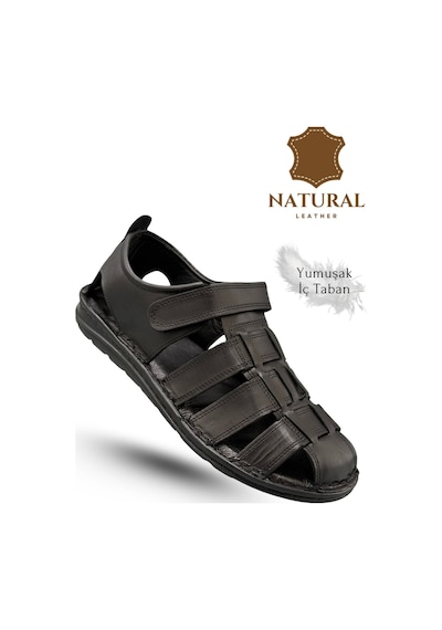 Sermoda %100 Hakiki Deri Burnu Kapalı Erkek Sandalet Siyah