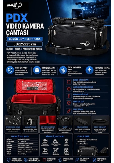 Pdx Video Kamera Çantası Büyük Boy Sert Kasa 50x25x25 Cm