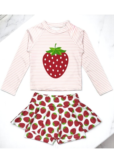 Lolliboomkids Kız Çocuk Çilek Desenli Uzun Kollu Tayt Etekli 2 Parça Mayo / Bikini Takımı Çilek Çok Renkli