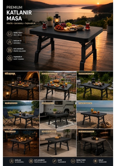 Maxi Boy Katlanır Kamp, Piknik, Balkon Ve Bahçe Masası 78,5 X 55 X 57,5 Cm Çok Amaçlı Portatif Masa Siyah