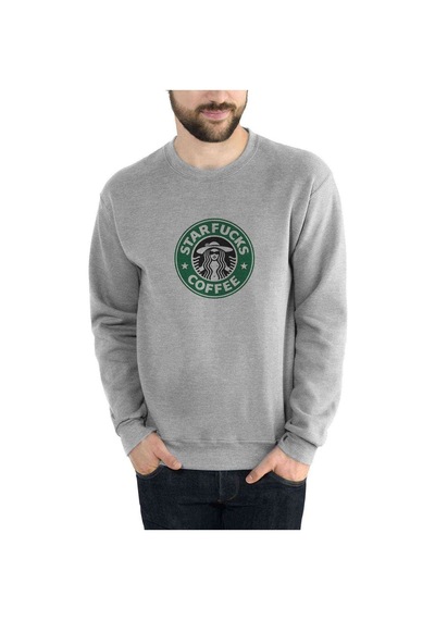 Starfucks Coffee Baskılı Gri Erkek Örme Sweatshirt