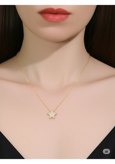 Çelik Gold Renk Zincir Zirkon Taşlı Yıldız Model Kadın Kolye Çok Renkli