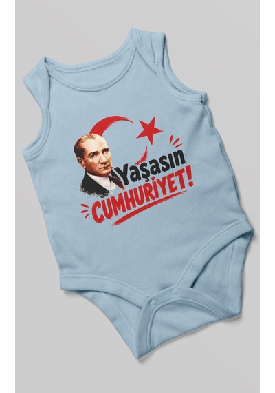 Morivokids Yaşasın Cumhuriyet Sıfır Kol Bebek Body %100 Pamuk Bebe Mavisi