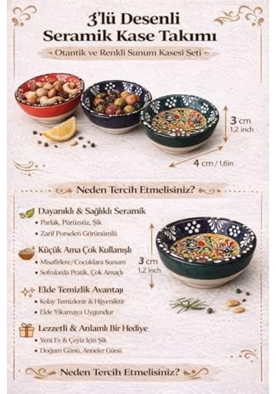 Kabartma Desenli El Boyaması Seramik Kase Seti, 3 Lü Renkli Çini Motifli Dekoratif Sunum Kaseleri, Kahvaltı, Meze, Çerez Ve Servis İçin Çok Amaçlı El Yapımı Kase Takımı