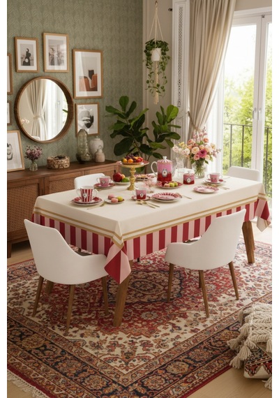 Vivanni Home Yıkanabilir Dikdörtgen Masa Örtüsü Günlük Kullanıma Uygun Pratik Ve Uzun Ömürlü Çizgili Pembe