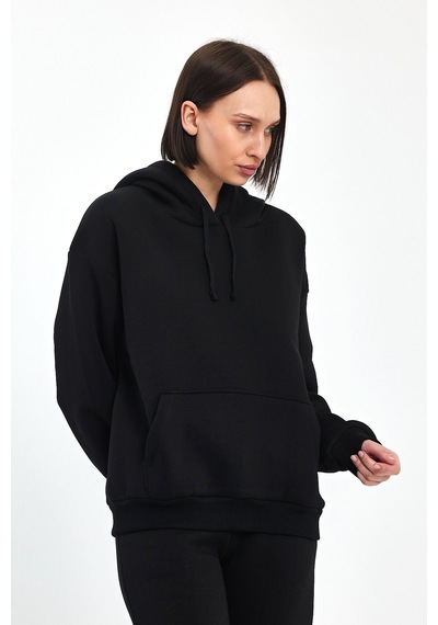 Odda Kadın Kapüşonlu Şardonlu Sweatshirt Siyah