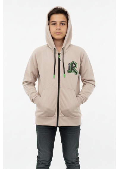 Kapüşonlu Fermuarlı Yandan Cepli Baskılı %100 Pamuk 2 İplik Mevsimlik Erkek Çocuk Sweatshirt-90935 Bej