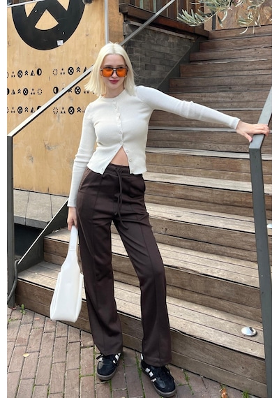 Madmext Kahverengi Beli Ayarlanabilir Geniş Paça Pantolon Mg2215 Kahverengi