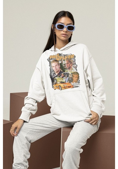 Sevbano Hızlı Ve Öfkeli Paul Walker Baskılı Unisex Oversize Film Hoodie Beyaz