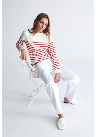 Styleboom X Peraluna Audrey Pullover Omzu Düğmeli Çizgili Organik Pamuk Mevsimlik Kadın Triko Kazak Ekru/kırmızı-ekru Ekru
