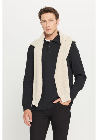 AC&Co / Altınyıldız Classics Erkek Sıyah 2 İplik Pamuklu Standart Fit Normal Kesim Polo Yaka Sweatshirt Siyah