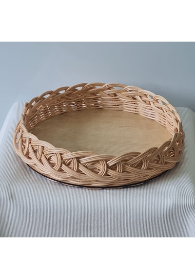 El Yapımı Bambu Rattan Örgü Yuvarlak Dekoratif Tepsi 25cm Ahşap