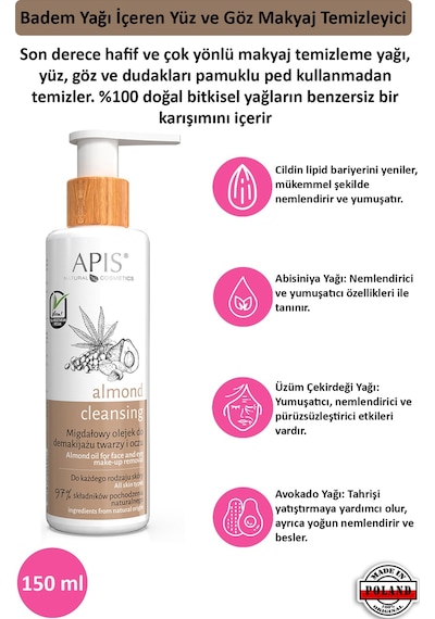 Apis Natural Badem Yağı İçeren Yüz ve Göz Makyaj Temizleyici 150 ML