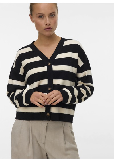 Vero Moda Siyah Kadın Çizgili Kazak Vmsaba Full Needle Ls V-neck Cardı