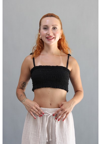 Müslin Gipeli Crop Top Siyah