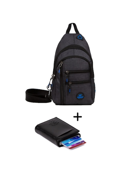 Newish Polo Keten Kumaş Usb Kulaklık Çıkışlı Göğüs Omuz Çantası Ve Mekanizmalı Cüzdan Kartlık - New122 Mavi - Gri