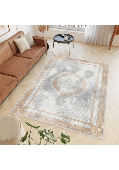 Rovigo Home Dijital Baskı Yıkanabilir Kaymaz Taban Salon Halısı Rvg0429 Krem