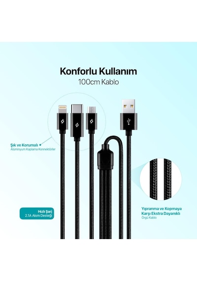 Alumicable Trio Şarj Kablosu 1mt. Type-c, Lightning, Micro Usb Standart