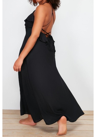Ersefa Moda Rahat Plaj Günlük Shally Dokuma V Yaka Askılı Kol Basic Maxi Siyah