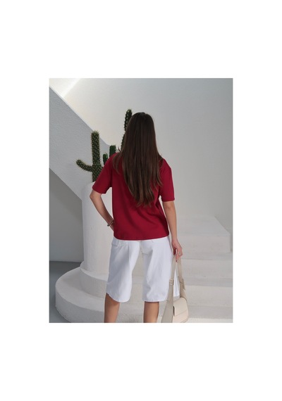 Paw Garage Kadın Massi İnterlok Kumaş V Yaka Oversize T-shirt Bordo
