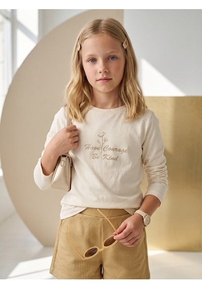 Zekids Kız Çocuk Ekru Kelebek Ve Yazı Baskılı Uzun Kollu T-shirt-17449 Krem