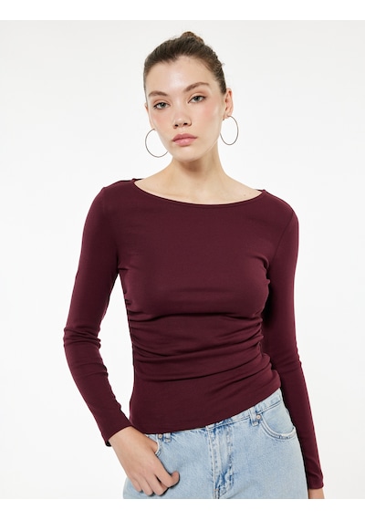 Koton Pamuklu Slim Fit Büzgülü Kayık Yaka Uzun Kollu Tişört Bordo 7wal10134ık
