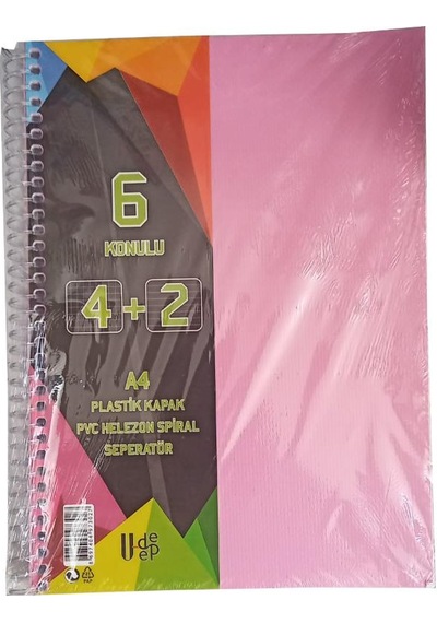 4+2 Ayraçlı Defter 6 Konulu 150 Yaprak 1 Adet 4 Kareli 2 Çizgili Spralli Plastik Kapak Seperatörlü Pembe
